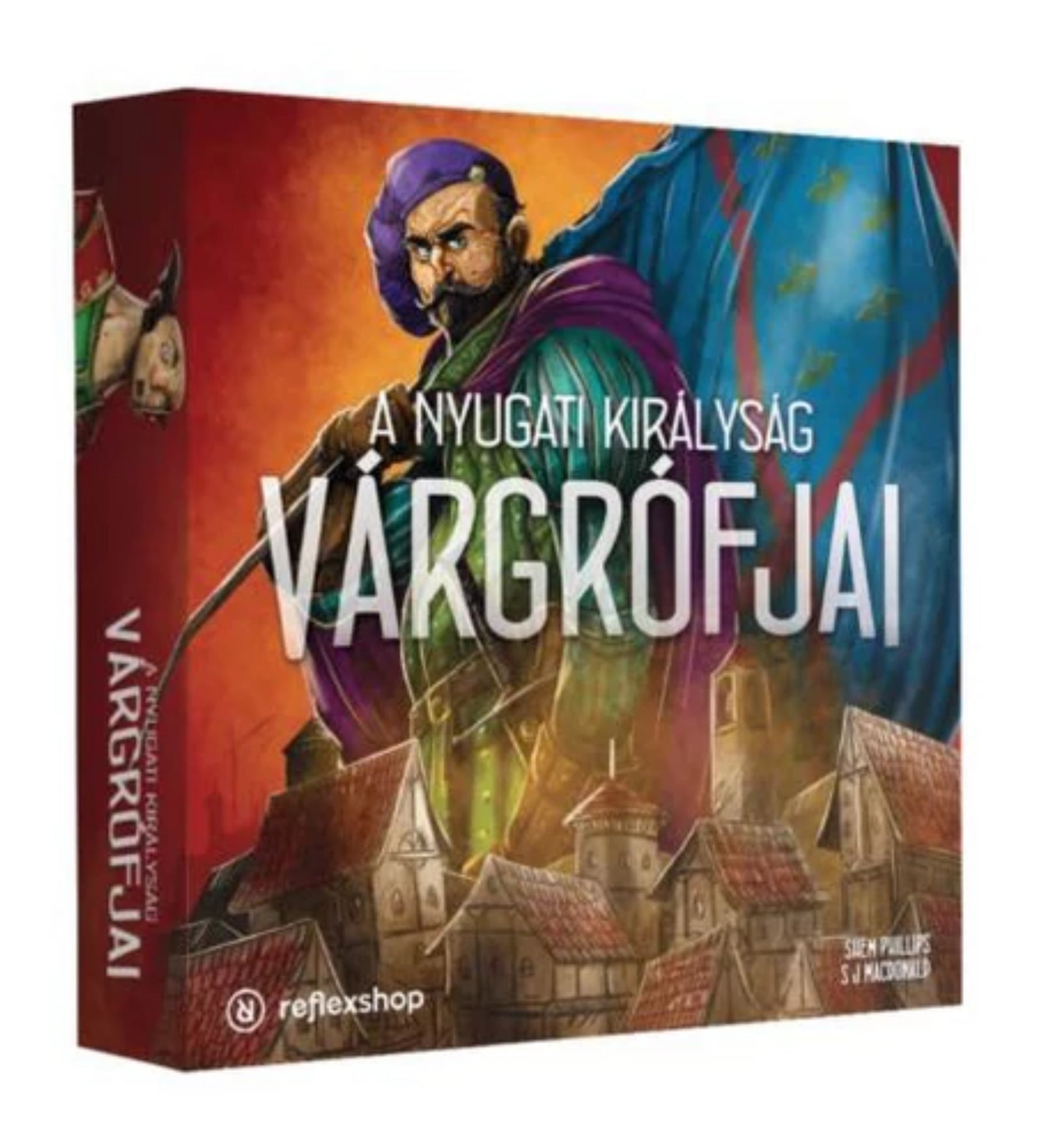 A Nyugati Királyság Várgrófjai társasjáték doboza, színes illusztrációval egy várgrófról, háttérben középkori városképpel.