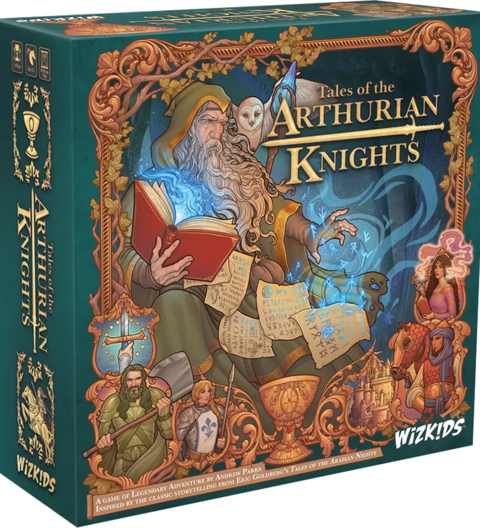 A Tales of the Arthurian Knights társasjáték dobozának előlapja, gazdagon illusztrált borítóval. Középen egy varázsló látható nyitott könyvvel, körülötte lovagok, hölgyek és misztikus szimbólumok, melyek az Arthur-mondakör hangulatát idézik.