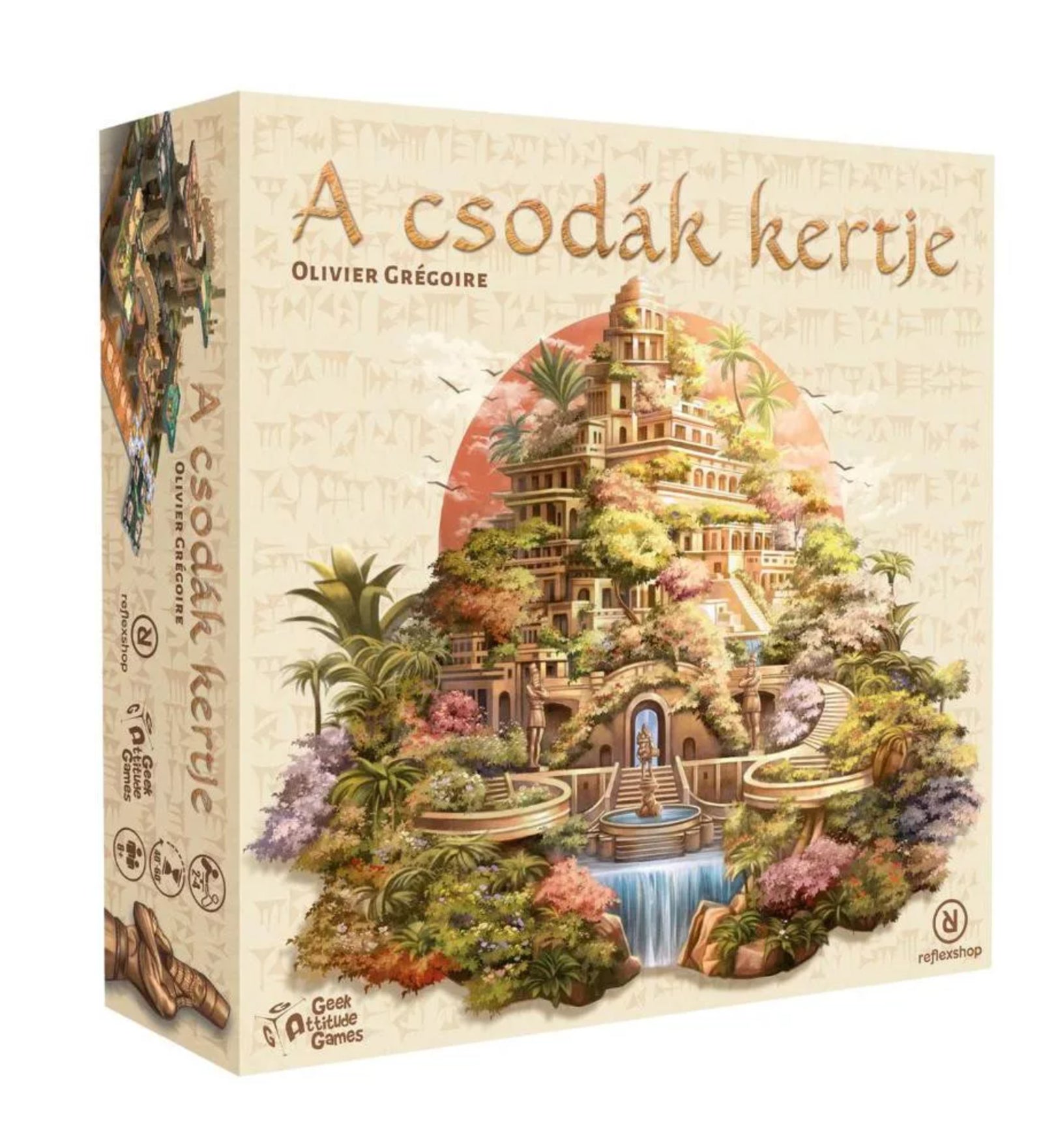 A Csodák kertje társasjáték doboza, amely a legendás függőkert látványos illusztrációját ábrázolja buja növényzettel és vízeséssel.