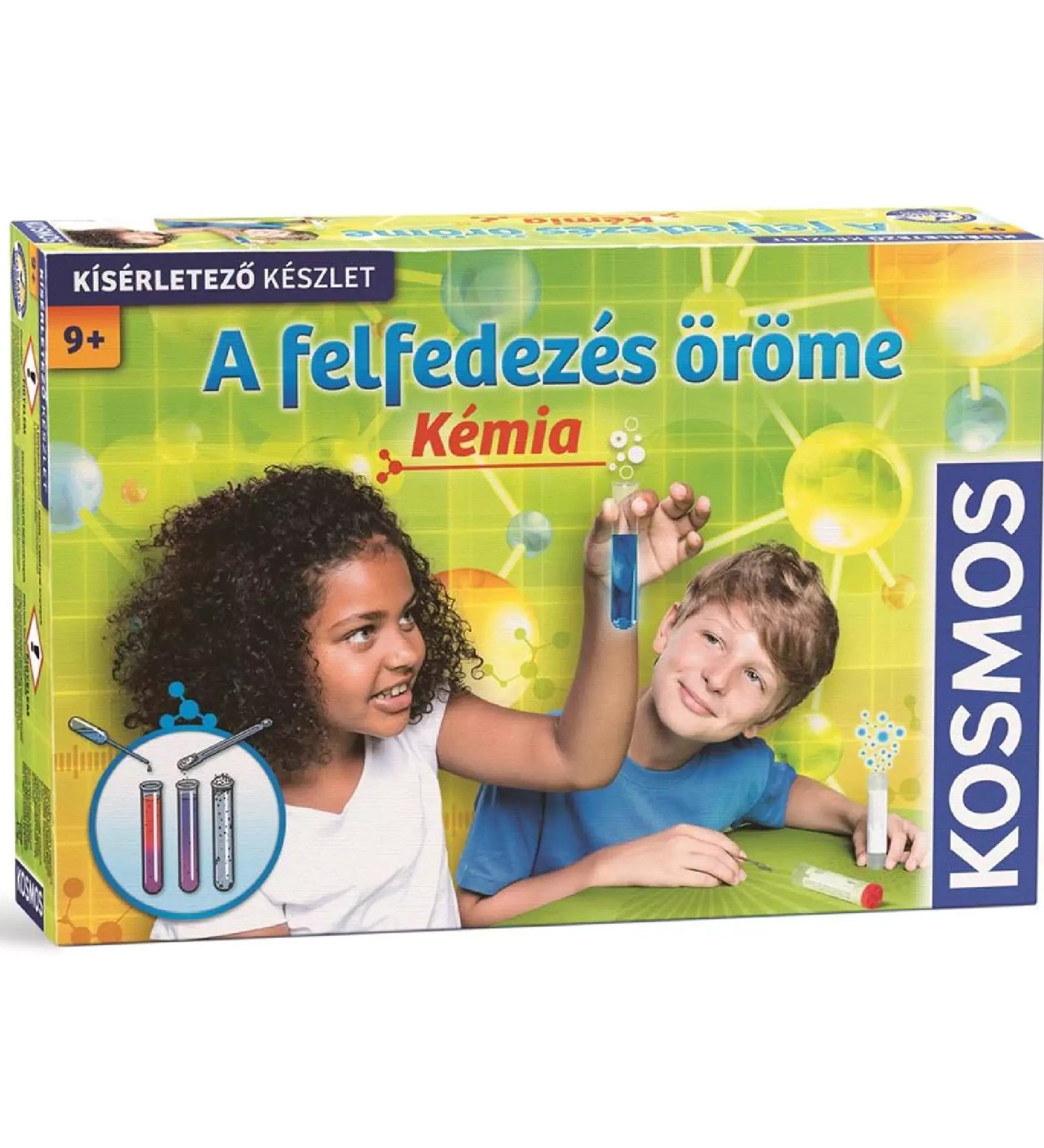Kosmos – A felfedezés öröme: Kémia dobozkép, két gyerek színes kémcsöves kísérletekkel, zöld tudományos háttérrel.
