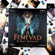 A Fenevad: A Nagy Vadászat társasjáték doboza középen, körülötte kártyák, miniatűr figurák és jelölők látványos, tematikus elrendezésben.