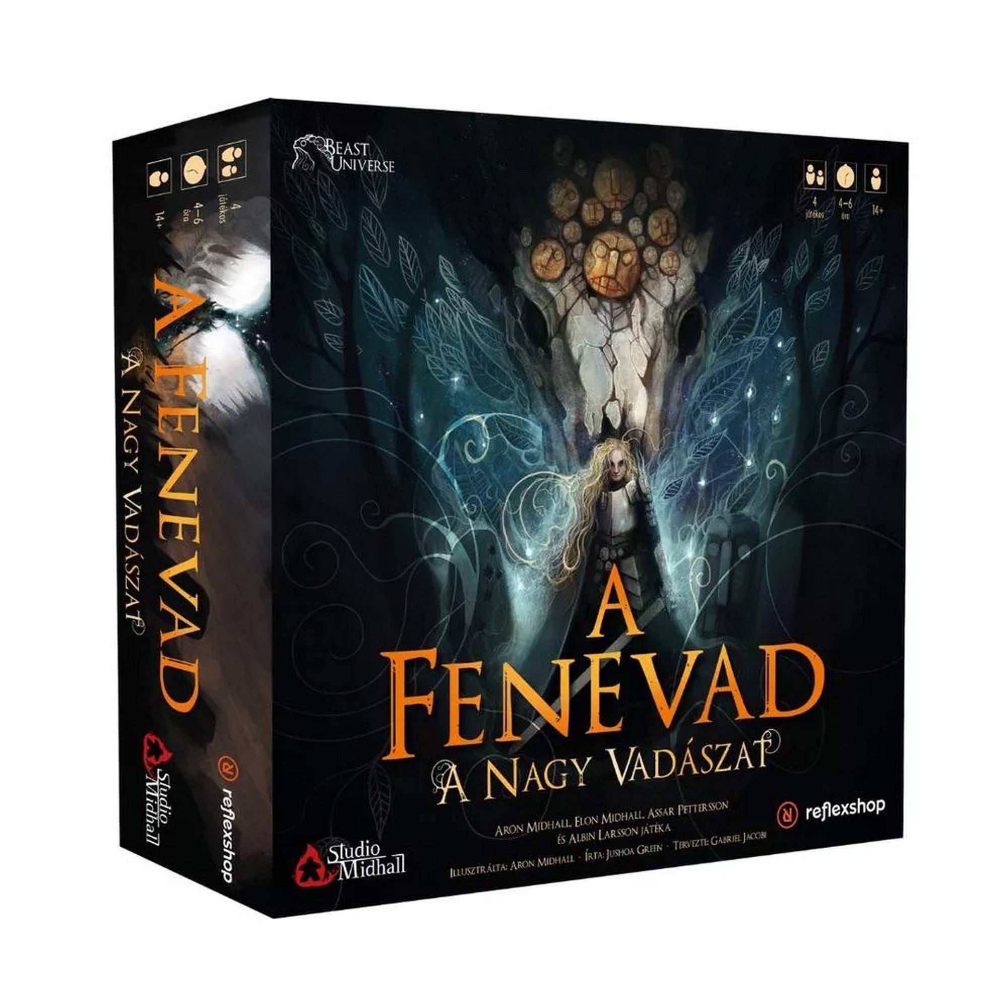 A Fenevad: A nagy vadászat társasjáték doboz, sötét fantasy illusztrációval, misztikus lény koponyájával és fénylő alak központi figurával.