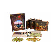 „A Hobbit – Oda és vissza társasjáték teljes tartalma: doboz, könyvszerű játéklapok, filctollak, jelölők és dobókockák.”