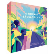 A képen „A holnap társadalma” társasjáték doboza látható, élénk, színes és modern grafikával. A borítón stilizált emberek sétálnak és bicikliznek egy fenntartható város felé, melyet napelemek, szélkerekek és zöld területek díszítenek. A háttérben egy futurisztikus metropolisz körvonalai sejlenek fel, miközben a nap fénye beragyogja az egész képet – ezzel szimbolizálva a pozitív jövőt és a közös fejlődést. A játék címét nagy betűkkel látjuk középen: „A Holnap Társadalma”.