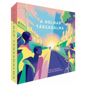 A képen „A holnap társadalma” társasjáték doboza látható, élénk, színes és modern grafikával. A borítón stilizált emberek sétálnak és bicikliznek egy fenntartható város felé, melyet napelemek, szélkerekek és zöld területek díszítenek. A háttérben egy futurisztikus metropolisz körvonalai sejlenek fel, miközben a nap fénye beragyogja az egész képet – ezzel szimbolizálva a pozitív jövőt és a közös fejlődést. A játék címét nagy betűkkel látjuk középen: „A Holnap Társadalma”.