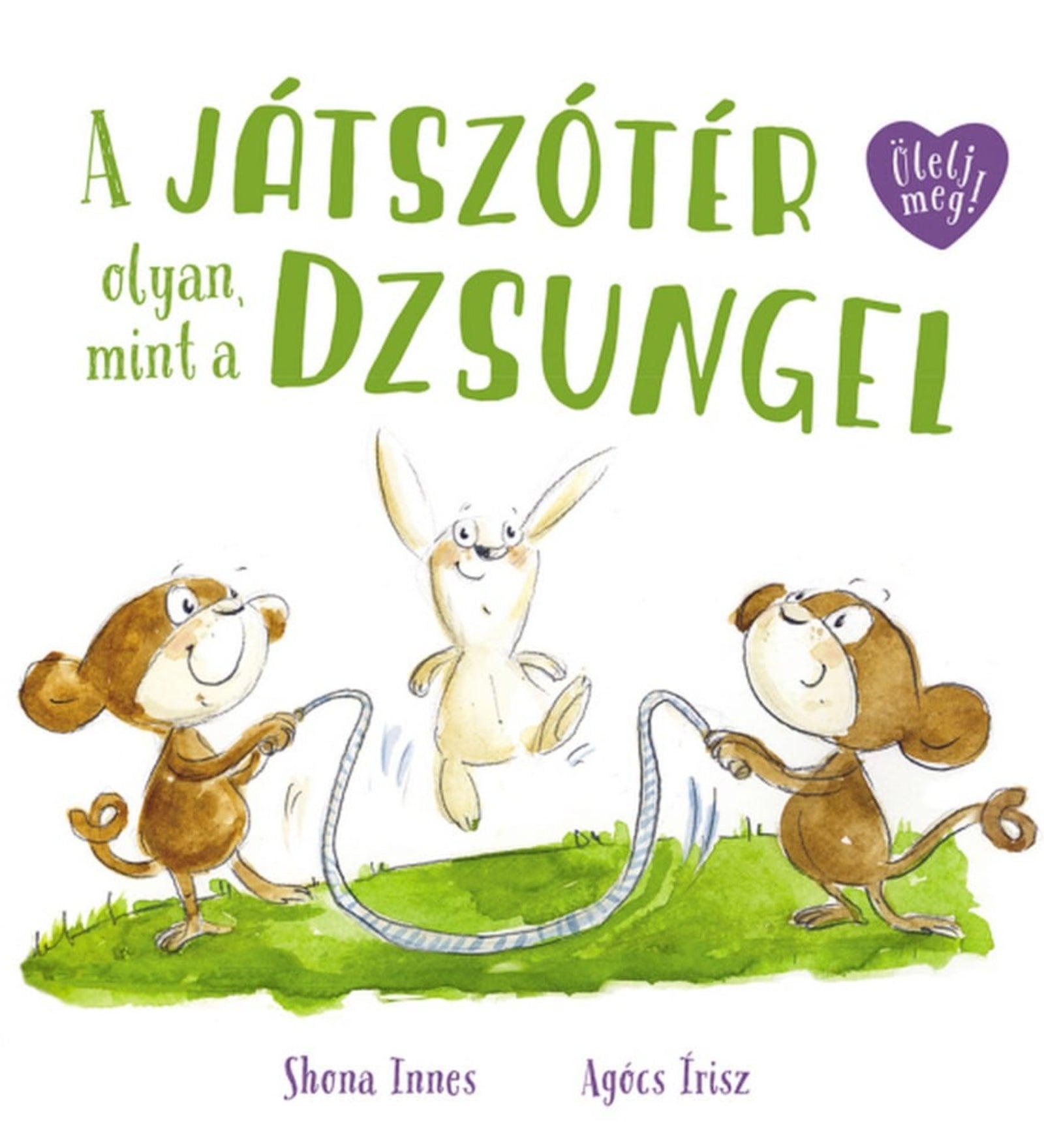 A játszótér olyan, mint a dzsungel gyerekkönyv borító, rajzon két majom ugrókötelezik egy nyuszival vidám jelenetben.