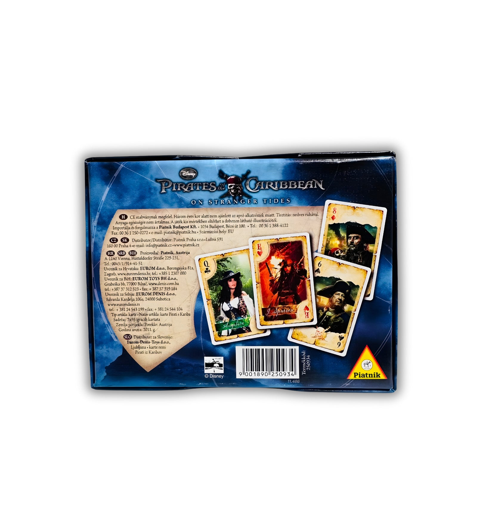 Pirates of the Caribbean – On Stranger Tides játékkártya doboz hátoldala, kártyalap mintákkal és gyártói információkkal.