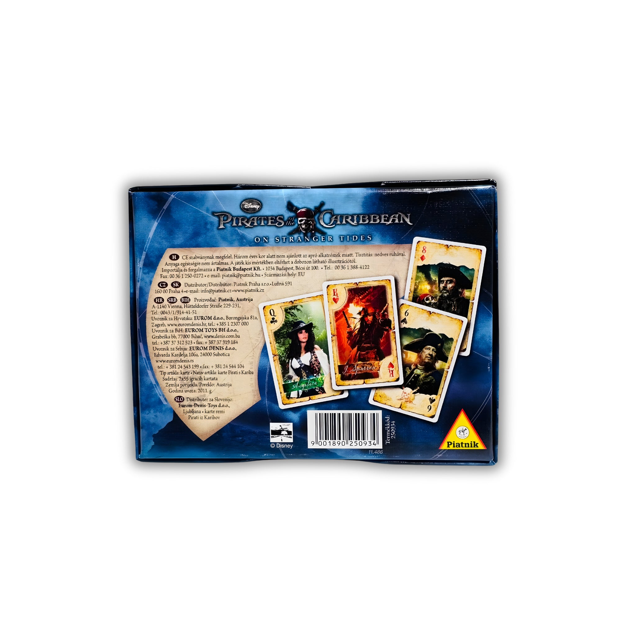 Pirates of the Caribbean – On Stranger Tides játékkártya doboz hátoldala, kártyalap mintákkal és gyártói információkkal.