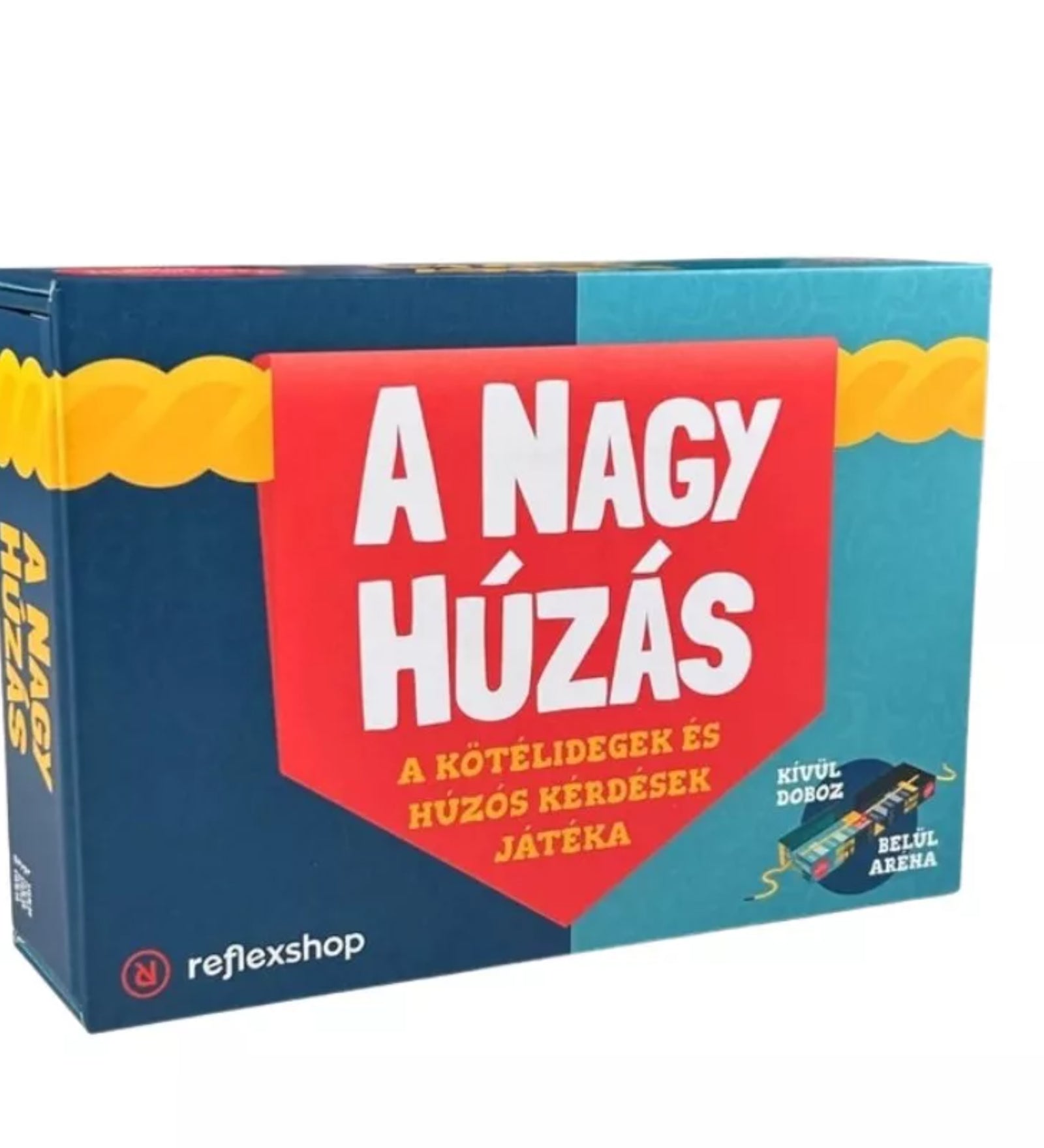 Ez a kép A nagy húzás társasjáték dobozát ábrázolja, amely egy izgalmas csapatjáték, ahol a tudásoddal húzhatod magad felé a győzelmet. A játékban két csapat küzd meg egymással igen-nem kérdésekkel, és minden helyes válasszal közelebb kerülhetsz a sikerhez. Tökéletes választás baráti összejövetelekhez és családi estékhez.