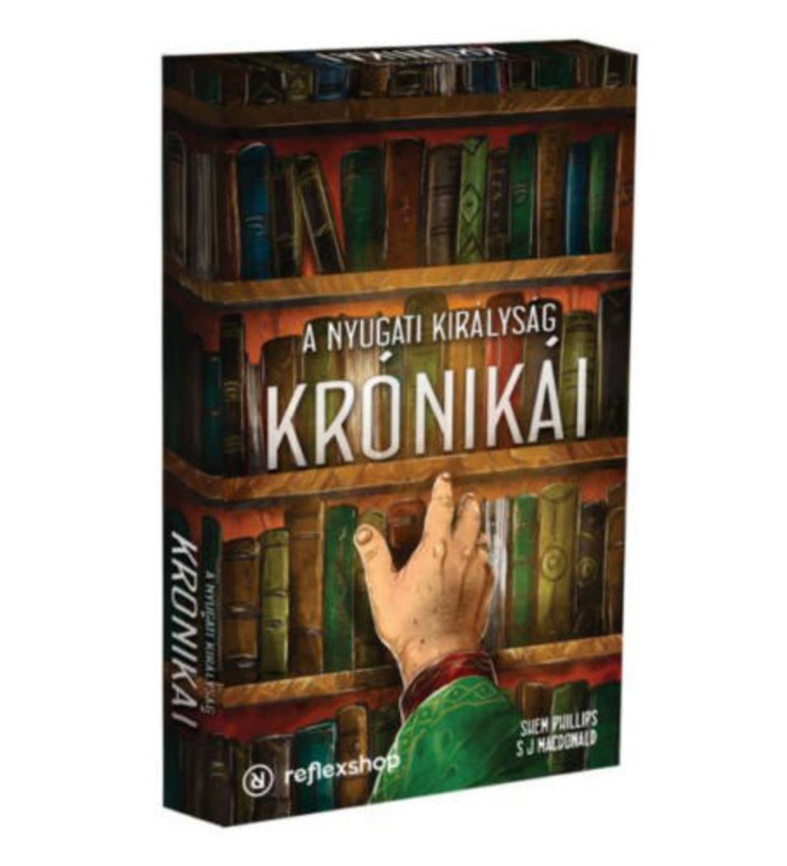 A Nyugati Királyság Krónikái társasjáték doboza, rajta egy polc tele könyvekkel, amelyek közül egy kéz éppen egyet húz ki – hangulatos, középkori tematikájú grafika.