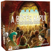 „A bőség kapui – A Nyugati Királyság várgrófjai” társasjáték doboza, amelyen egy díszes aranykapun keresztül fény árad a tömeg felé; az előtérben sokszínű karakterek és középkori hangulatú részletek látható