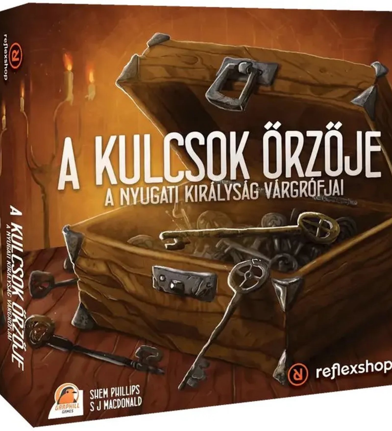 A nyugati királyság várgrófjai – A kulcsok őrzője társasjáték doboza, rajta egy régi fakincsesláda nyitva, tele antik kulcsokkal, narancssárga háttérrel és gyertyafénnyel.