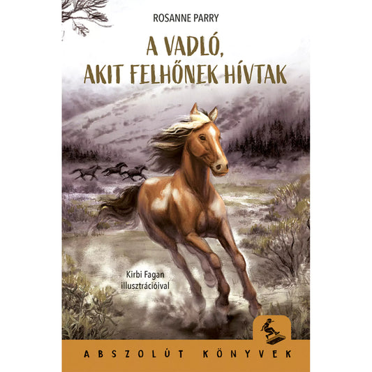 „A vadló, akit Felhőnek hívtak” című könyv borítója, amelyen egy barna vadló vágtat a természetben, háttérben hegyekkel és egy csapat futó lóval.