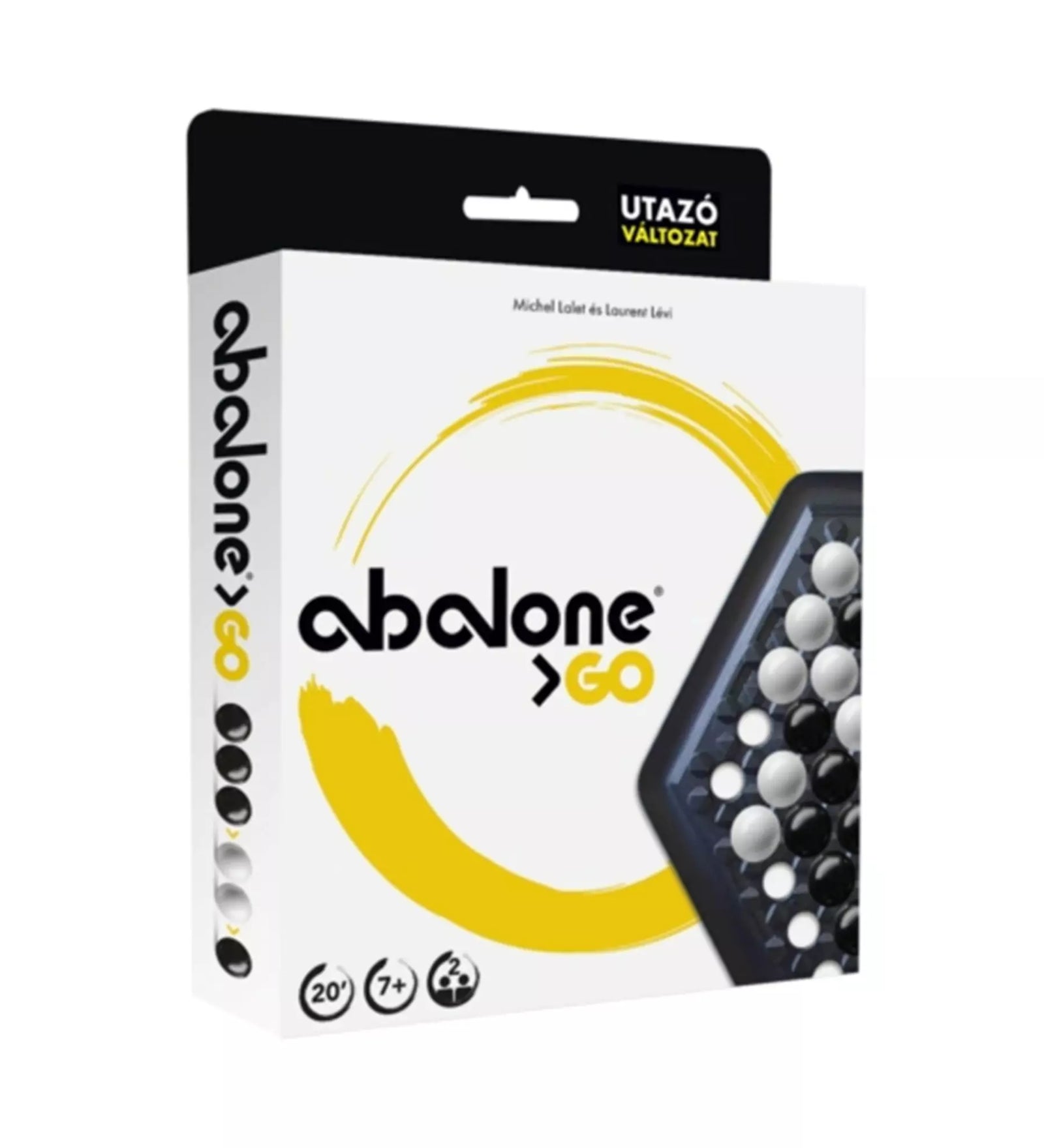 Abalone Go utazó változat társasjáték doboza, modern fehér-sárga dizájnnal és a játéktábla részletével.
