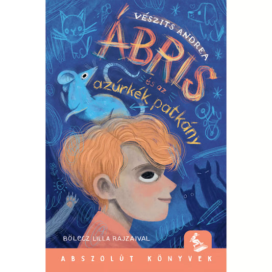 Az „Ábris és az azúrkék patkány” című könyv borítója, amelyen egy vörös hajú fiú arcképe látható profilból, háttérben krétarajz-szerű kékes motívumokkal: macska, bicikli, csillagok és egy világoskék patkány. A szerző neve Vésziits Andrea, az illusztrátor Bölécz Lilla. Alul narancssárga sávban az „Abszolút Könyvek” felirat olvasható.