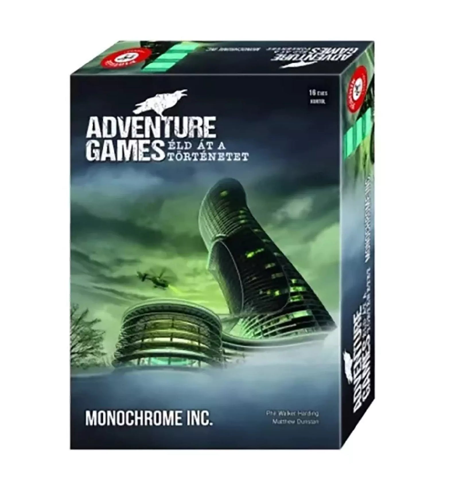 Adventure Games – Monochrome Inc. társasjáték doboza, futurisztikus felhőkarcolót és helikoptert ábrázoló sötét, zöldes árnyalatú borítóval.