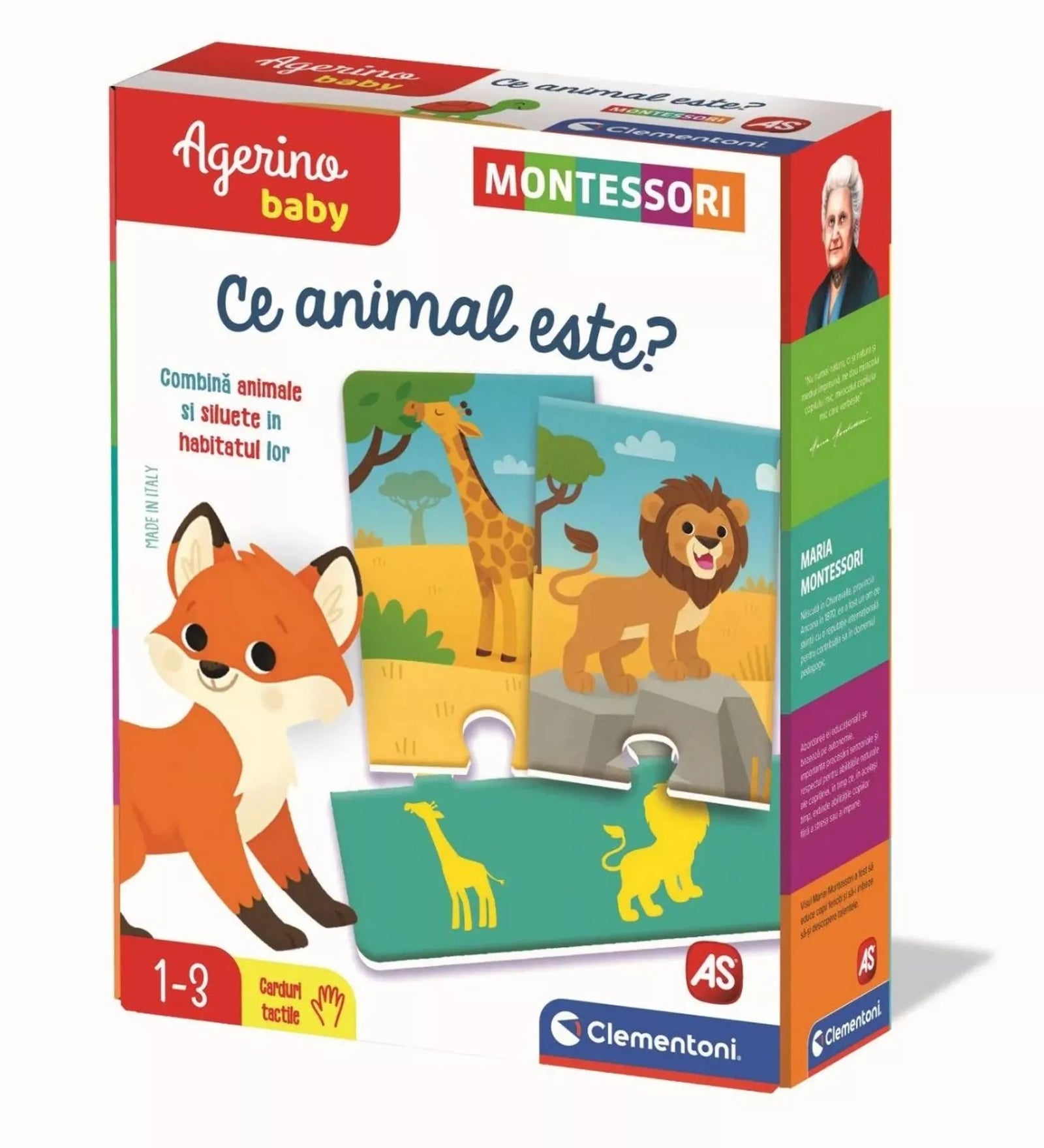 Az Agerino Baby Montessori – Ce animal este? játék színes doboza, rajta állatok illusztrációival, például rókával, zsiráffal és oroszlánnal, valamint a Montessori logóval.