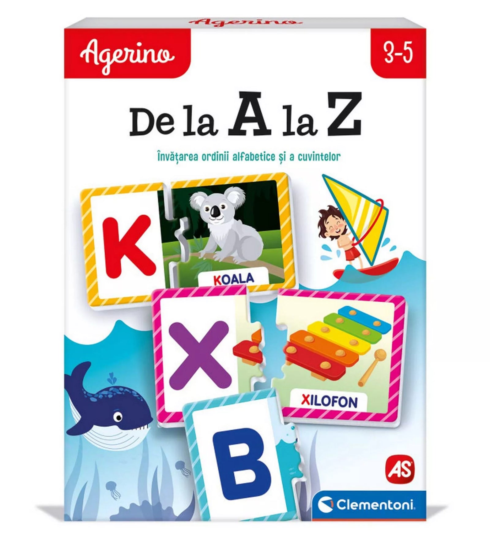 Az Agerino – De la A la Z oktatójáték doboza, amely az ábécé tanulását segíti színes betűkártyákkal és képekkel, például koalával és xilofonnal.