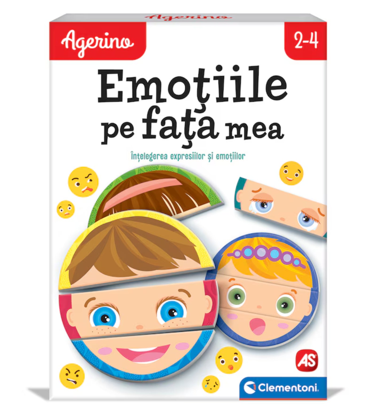 „Az Agerino – Emoțiile pe fața mea készlet doboza: gyerekarcok szeletekből rakható érzelmi képekkel, 2–4 éveseknek.”