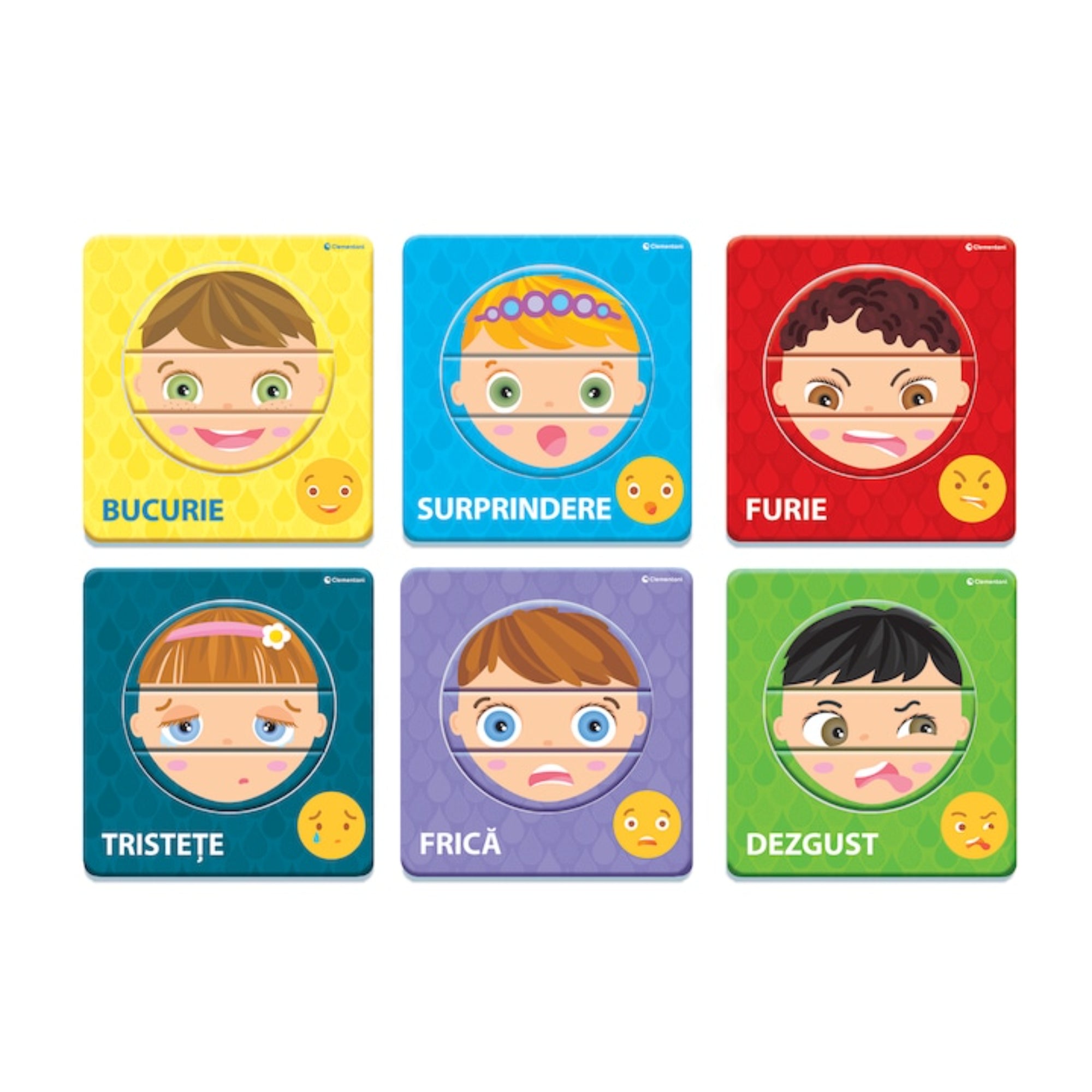 „Emoțiile pe fața mea érzelemkártyák: öröm, meglepetés, düh, szomorúság, félelem és undor arckifejezései színes táblákon.”
