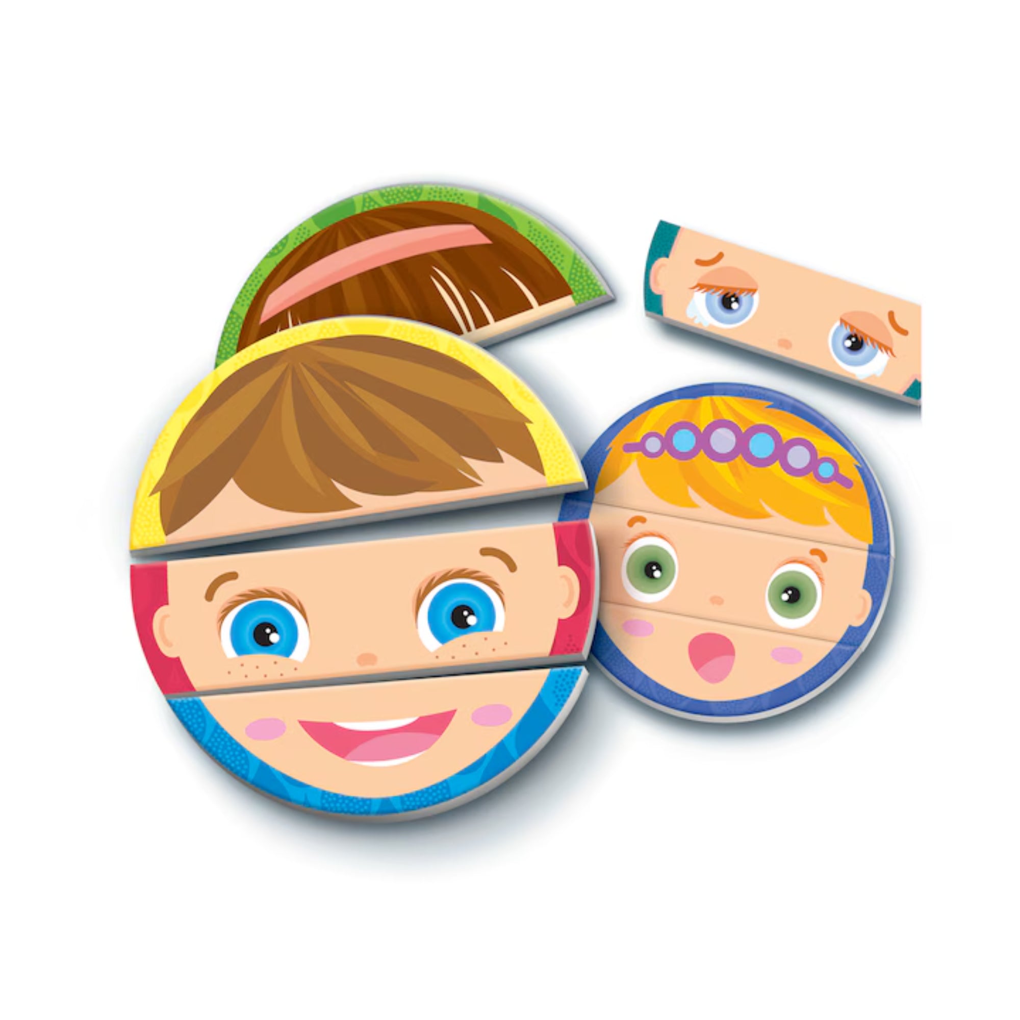 „A Emoțiile pe fața mea készlet arcelemei szétszedve: különböző gyerekfejek felső, középső és alsó arcrészei.”