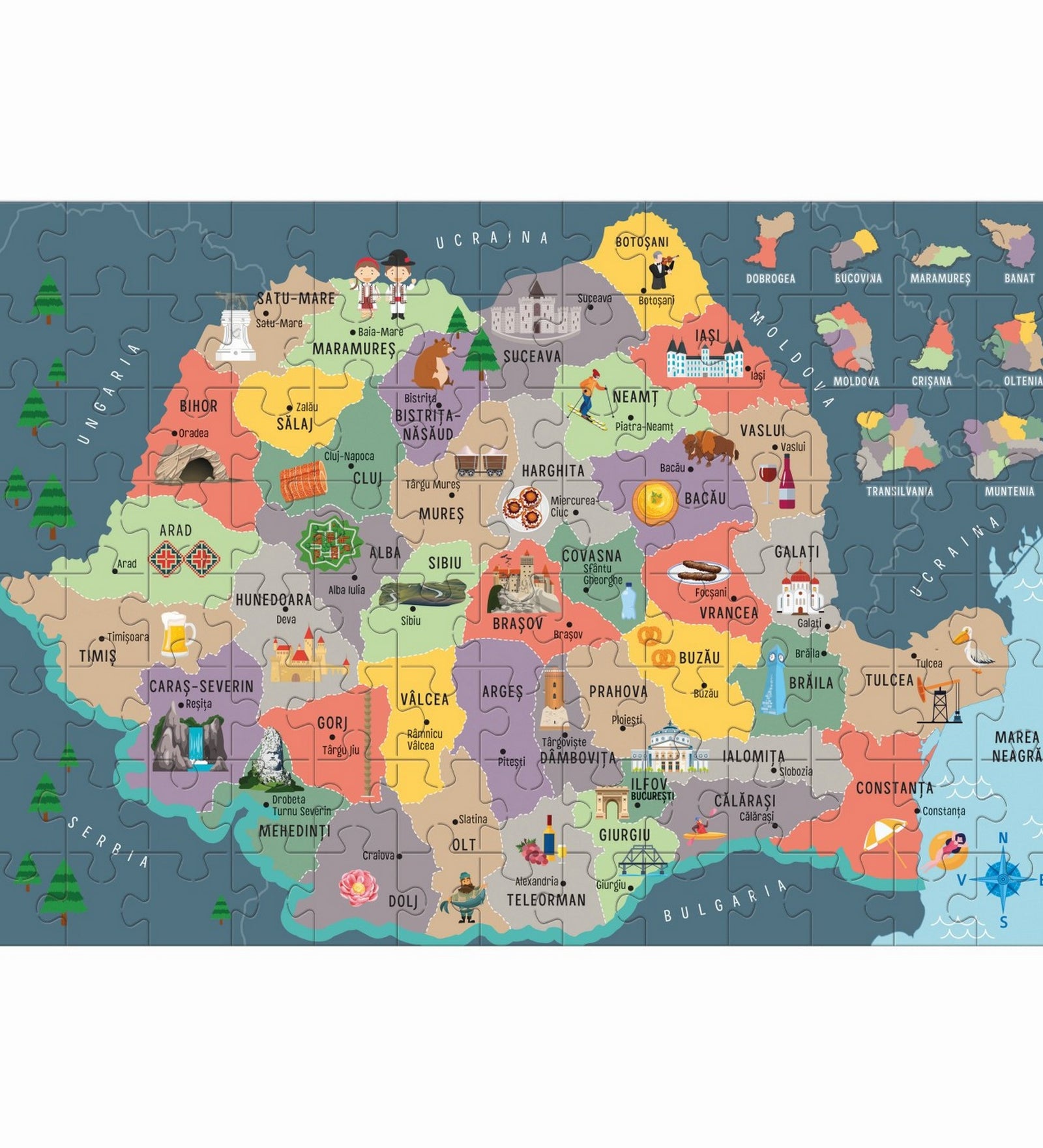„A Să descoperim România puzzle teljes, színes Románia-térképe megyékkel és jellegzetes látnivalókkal.”