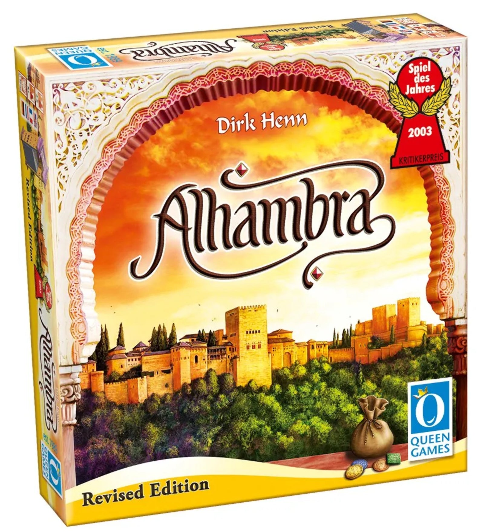 Alhambra társasjáték doboza, mór palotát ábrázoló illusztrációval és Spiel des Jahres 2003 díjjelöléssel.