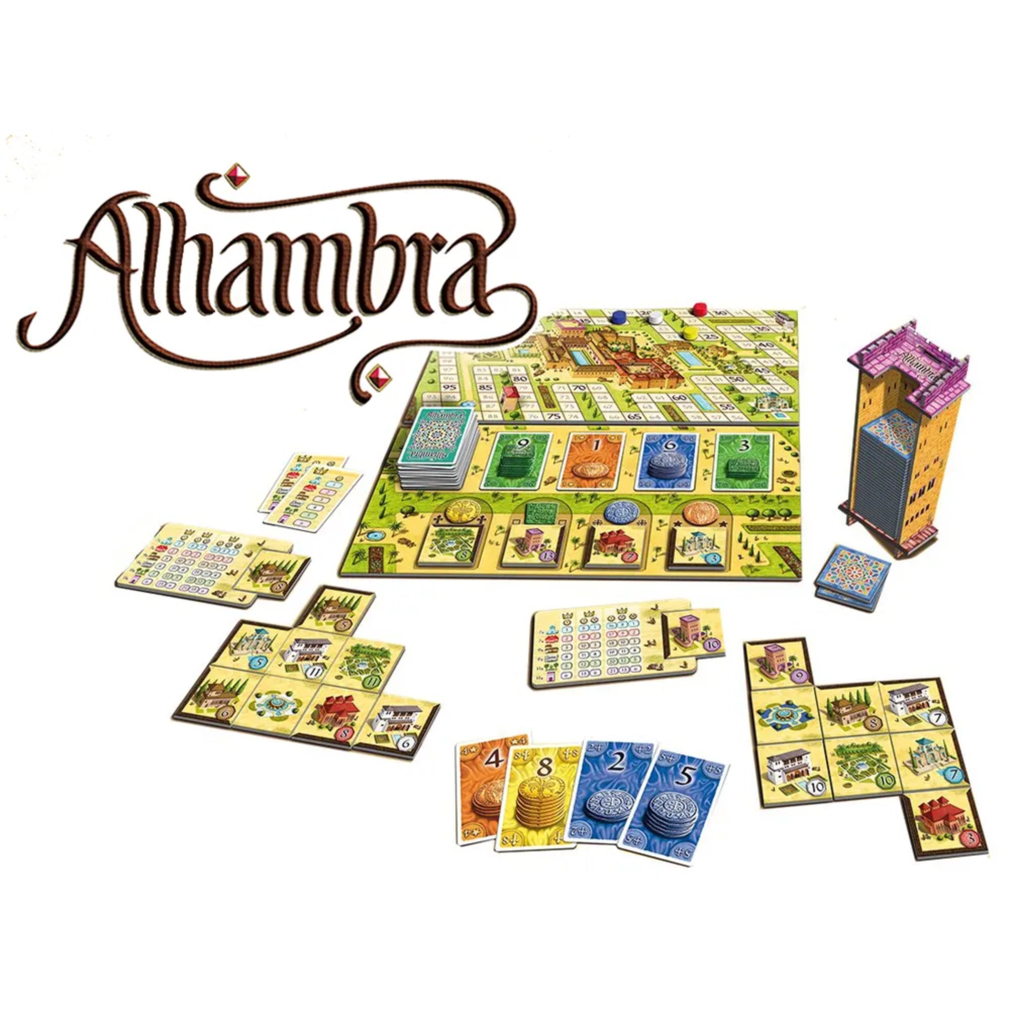 Alhambra társasjáték játékelemei, palotalapkák, pénzkártyák, játéktábla és toronykártya-adagoló elrendezve.