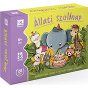 Állati szülinap társasjáték dobozkép – Vidám illusztráció elefánttal, zsiráffal, lámával és más állatokkal szülinapi hangulatban.