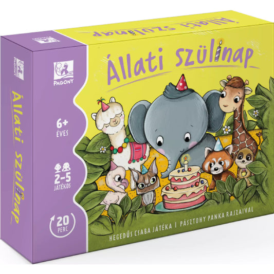 Állati szülinap társasjáték dobozkép – Vidám illusztráció elefánttal, zsiráffal, lámával és más állatokkal szülinapi hangulatban.