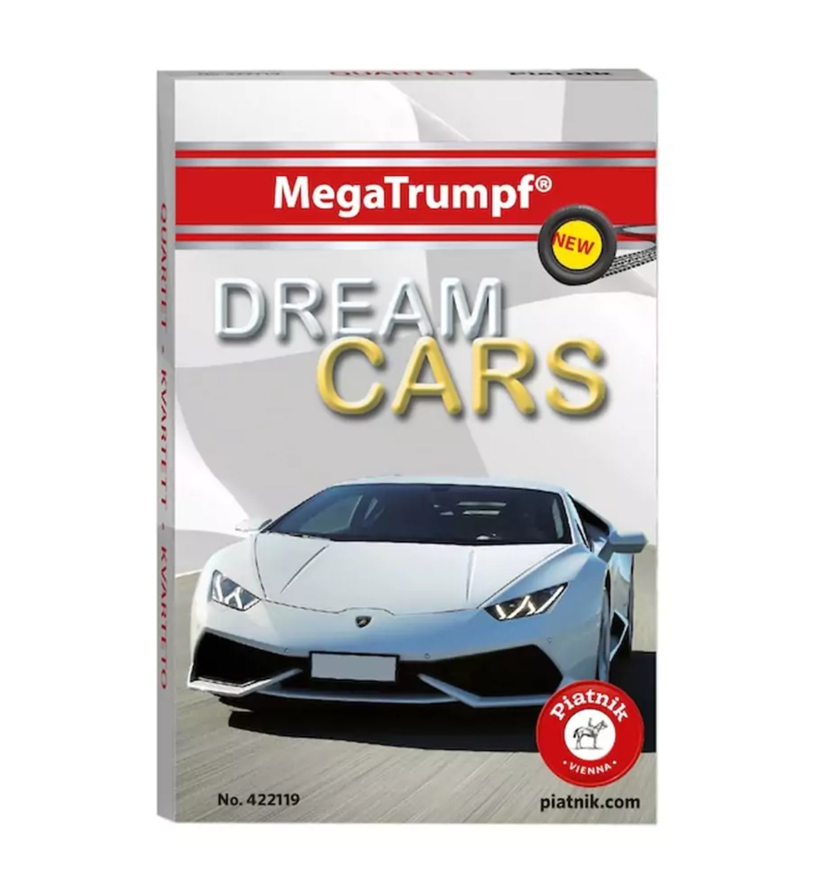 A képen a MegaTrumpf "Dream Cars" kvartett kártyajáték doboza látható, amelyet a Piatnik adott ki. A borítón egy fehér Lamborghini sportautó szerepel, amely tökéletesen tükrözi a kártyacsomag tematikáját: álomautók. A doboz bal alsó sarkában a Piatnik piros logója, jobb alsó sarkában pedig a termékszám (No. 422119) és a gyártó weboldala található. A "NEW" felirat sárga körben külön hangsúlyozza az újdonságot.