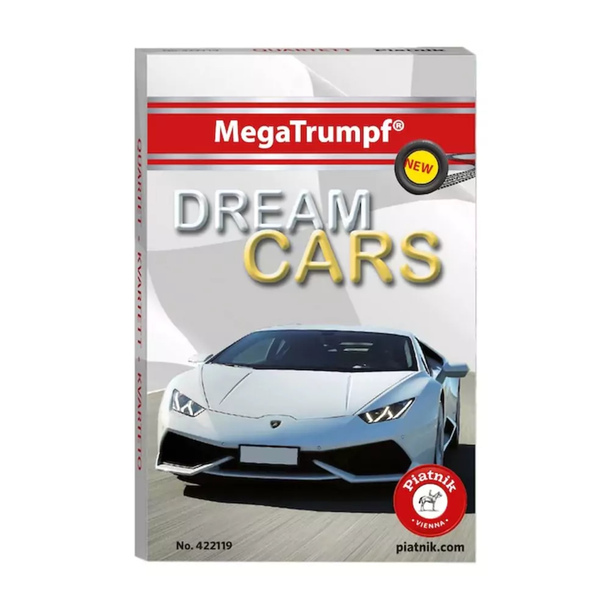 A képen a MegaTrumpf "Dream Cars" kvartett kártyajáték doboza látható, amelyet a Piatnik adott ki. A borítón egy fehér Lamborghini sportautó szerepel, amely tökéletesen tükrözi a kártyacsomag tematikáját: álomautók. A doboz bal alsó sarkában a Piatnik piros logója, jobb alsó sarkában pedig a termékszám (No. 422119) és a gyártó weboldala található. A "NEW" felirat sárga körben külön hangsúlyozza az újdonságot.