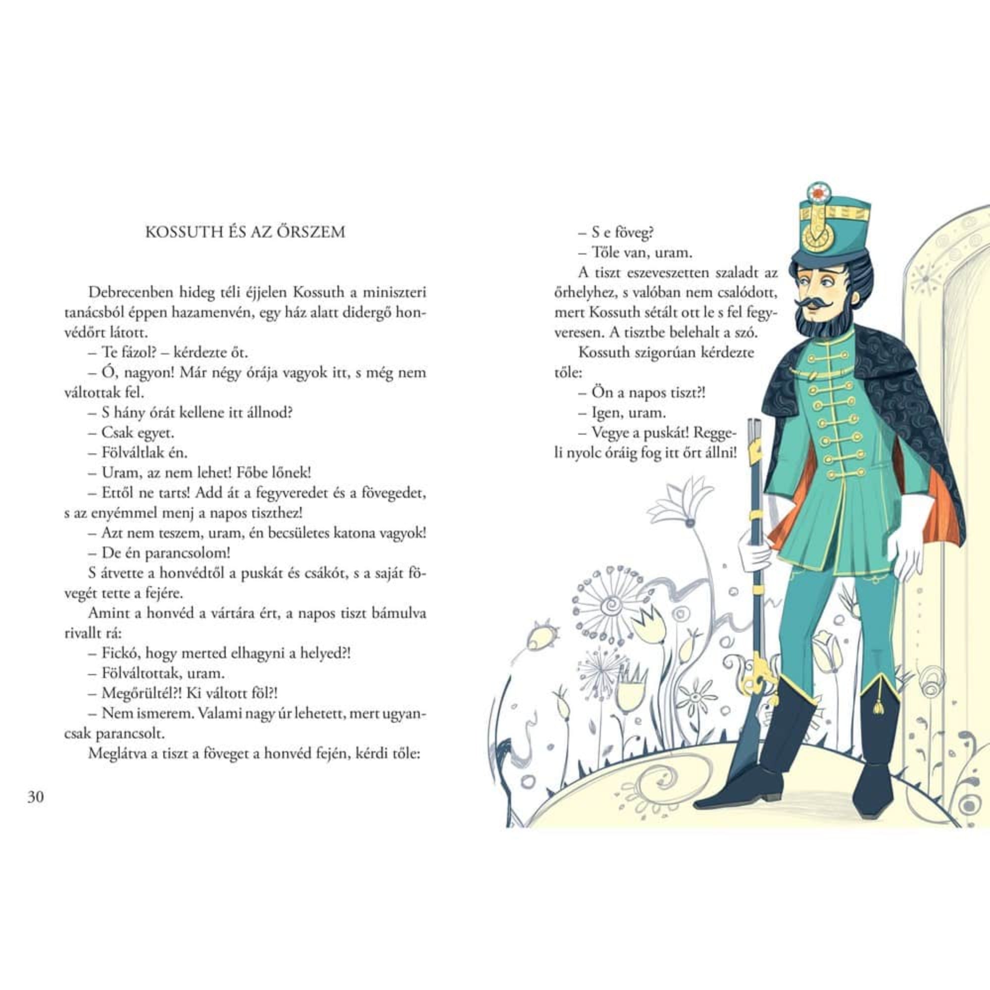 Anekdoták könyv belső oldal „Kossuth és az őrszem” történettel, díszegyenruhás katona illusztrációval.