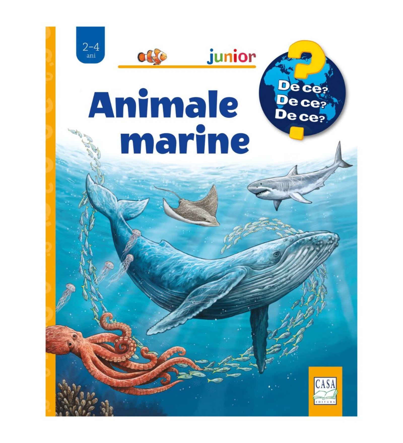 „Animale marine” román nyelvű gyerekkönyv borítója, amelyen tenger alatti jelenet látható bálnával, cápával, rájával, polippal és medúzákkal.