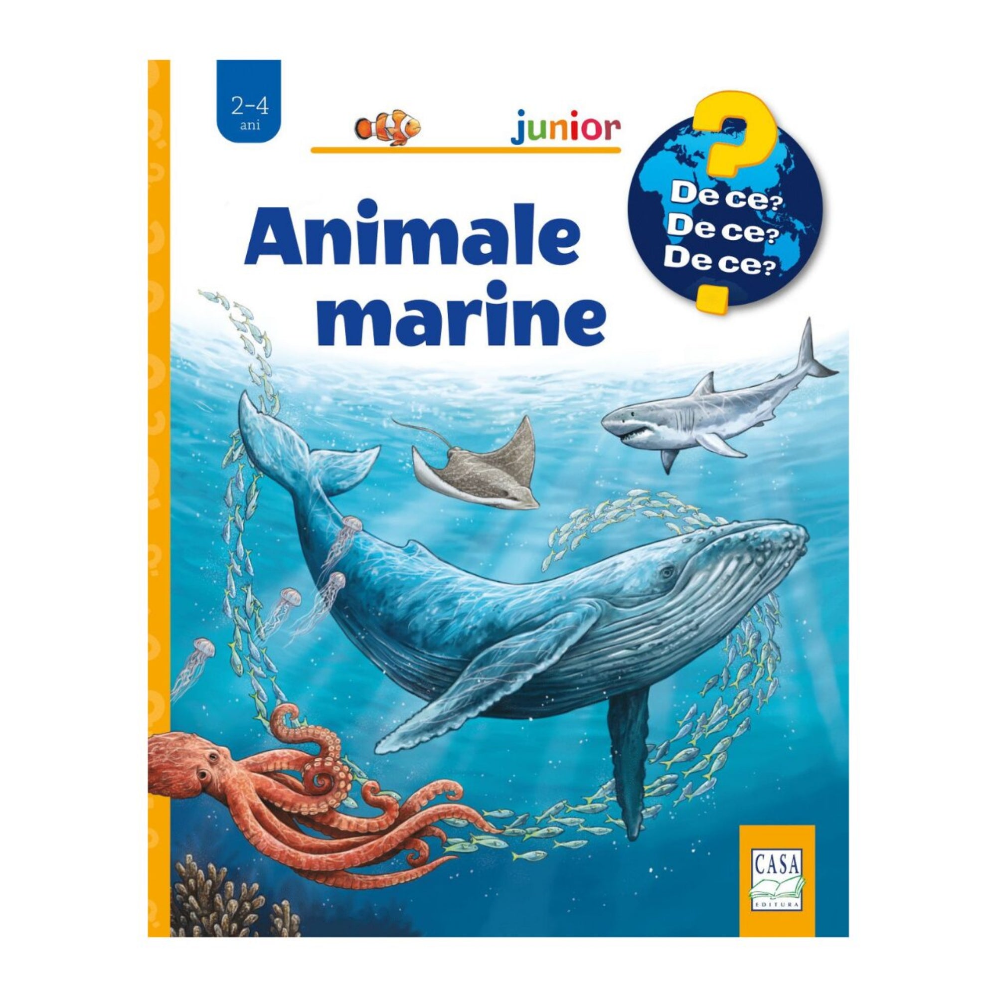 „Animale marine” román nyelvű gyerekkönyv borítója, amelyen tenger alatti jelenet látható bálnával, cápával, rájával, polippal és medúzákkal.