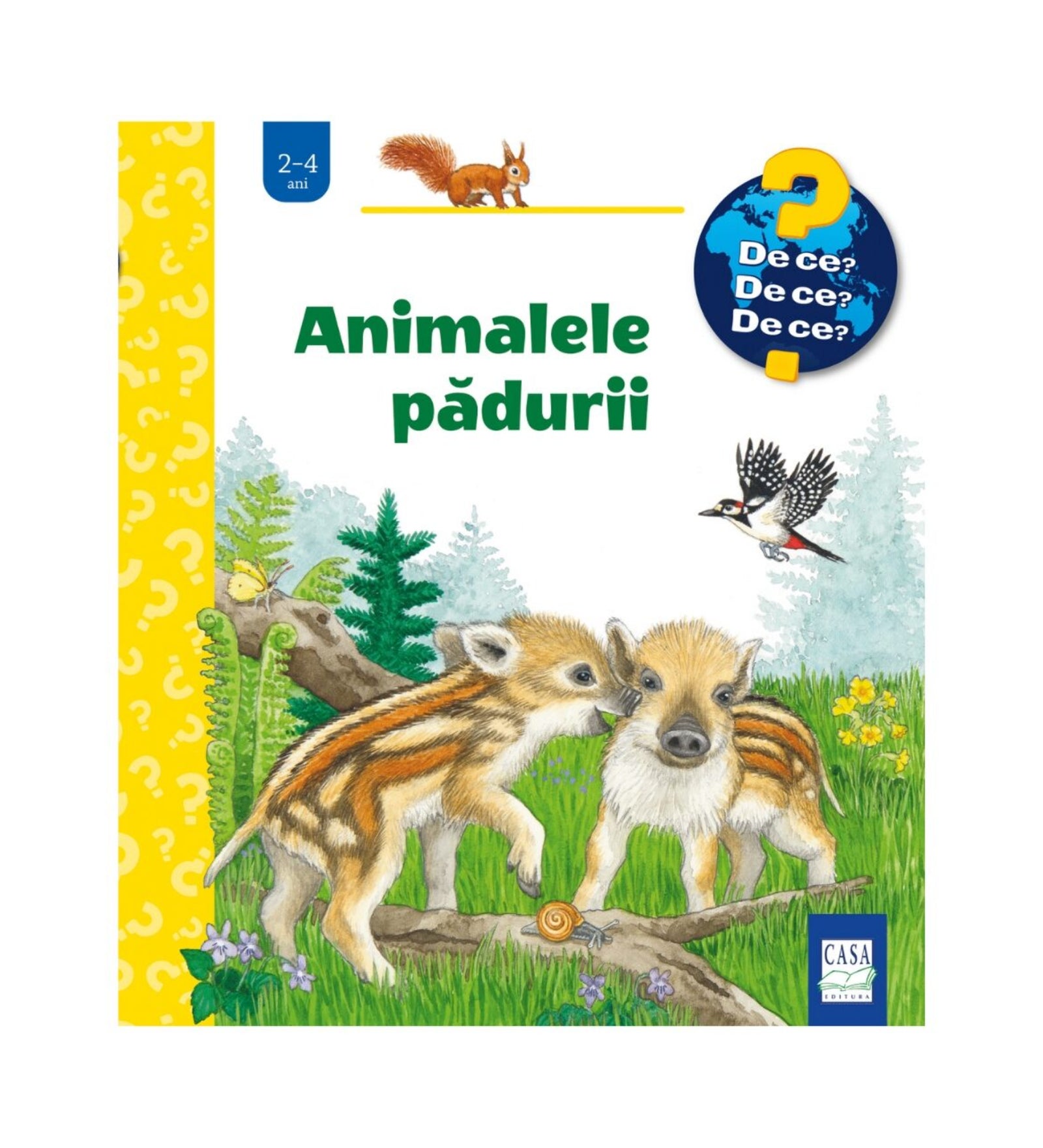 „Animalele pădurii” román nyelvű gyerekkönyv borítója, amelyen két vadmalac áll az erdőben, mellettük egy harkály repül, a háttérben fák és virágok láthatók.