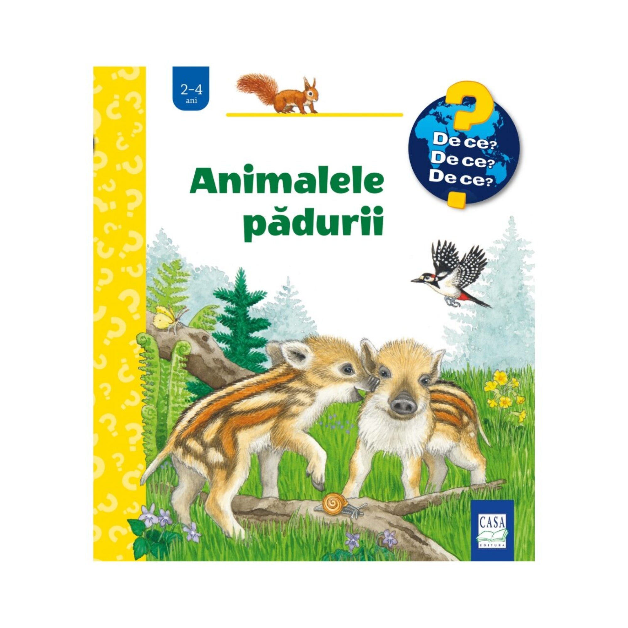 „Animalele pădurii” román nyelvű gyerekkönyv borítója, amelyen két vadmalac áll az erdőben, mellettük egy harkály repül, a háttérben fák és virágok láthatók.