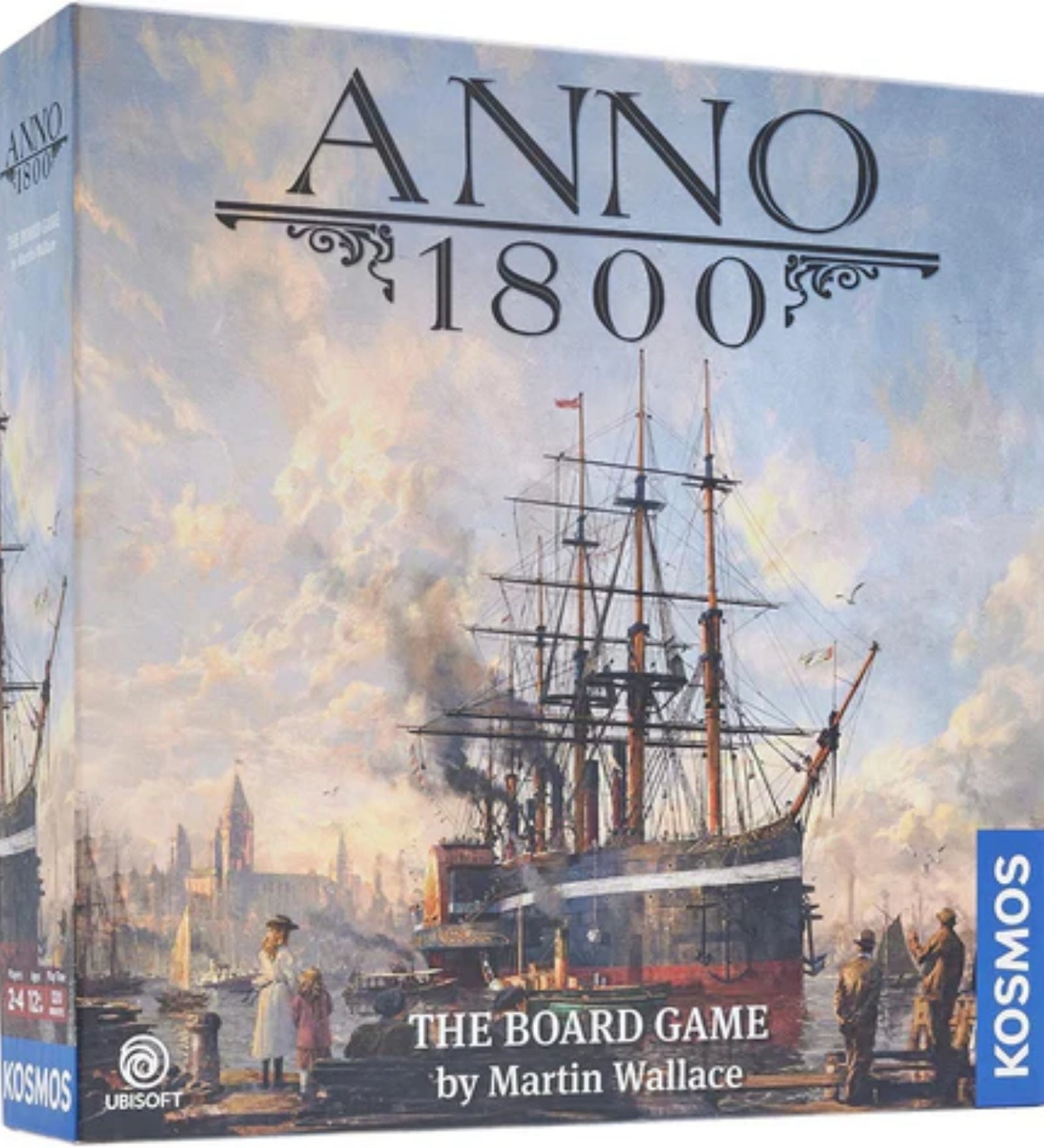 Az Anno 1800 társasjáték doboza, amely egy gőzhajót és ipari kikötőt ábrázol festményszerű borítón.