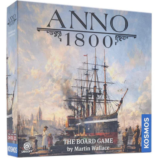 Az Anno 1800 társasjáték doboza, amely egy gőzhajót és ipari kikötőt ábrázol festményszerű borítón.