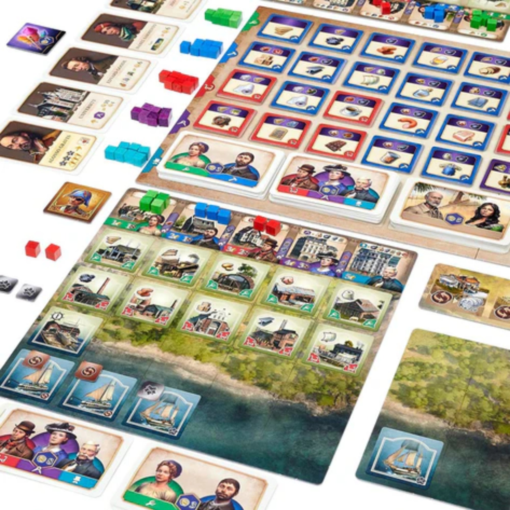 Az Anno 1800 társasjáték játéktáblája és komponensei játék közben, ipari és kereskedelmi elemekkel.
