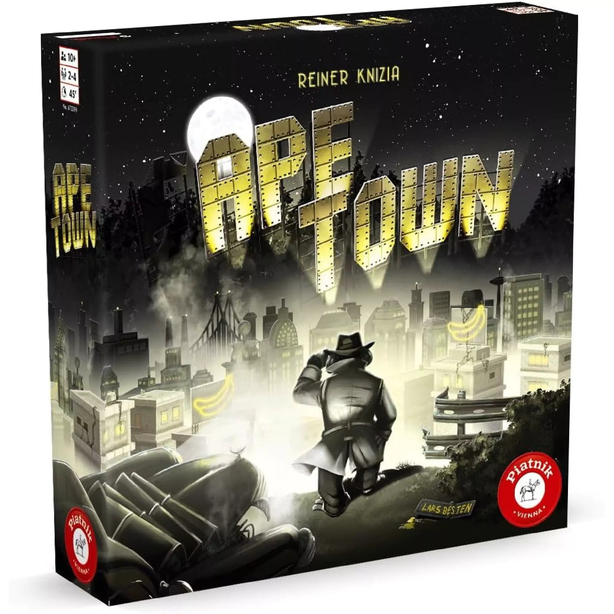 Ape Town társasjáték doboza, noir hangulatú városi háttérrel, amelyben egy detektív figyeli a fénnyel kiírt címet – egy izgalmas stratégiai játék Reiner Knizia tollából.