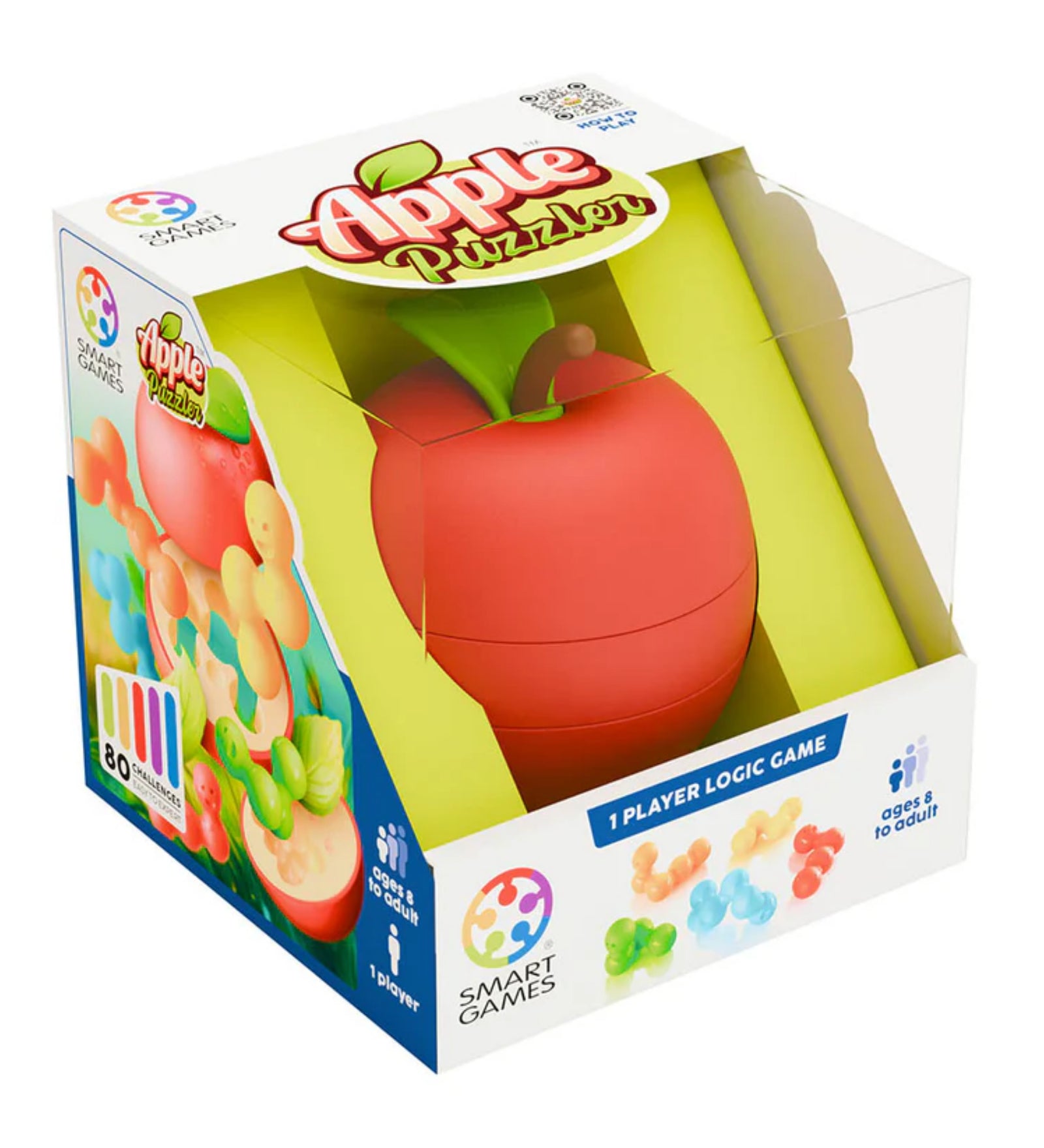 Az Apple Puzzler logikai játék csomagolása, mely átlátszó dobozban mutatja a színes, almát formázó játékot. A dobozon a Smart Games logója és a játék neve látható.