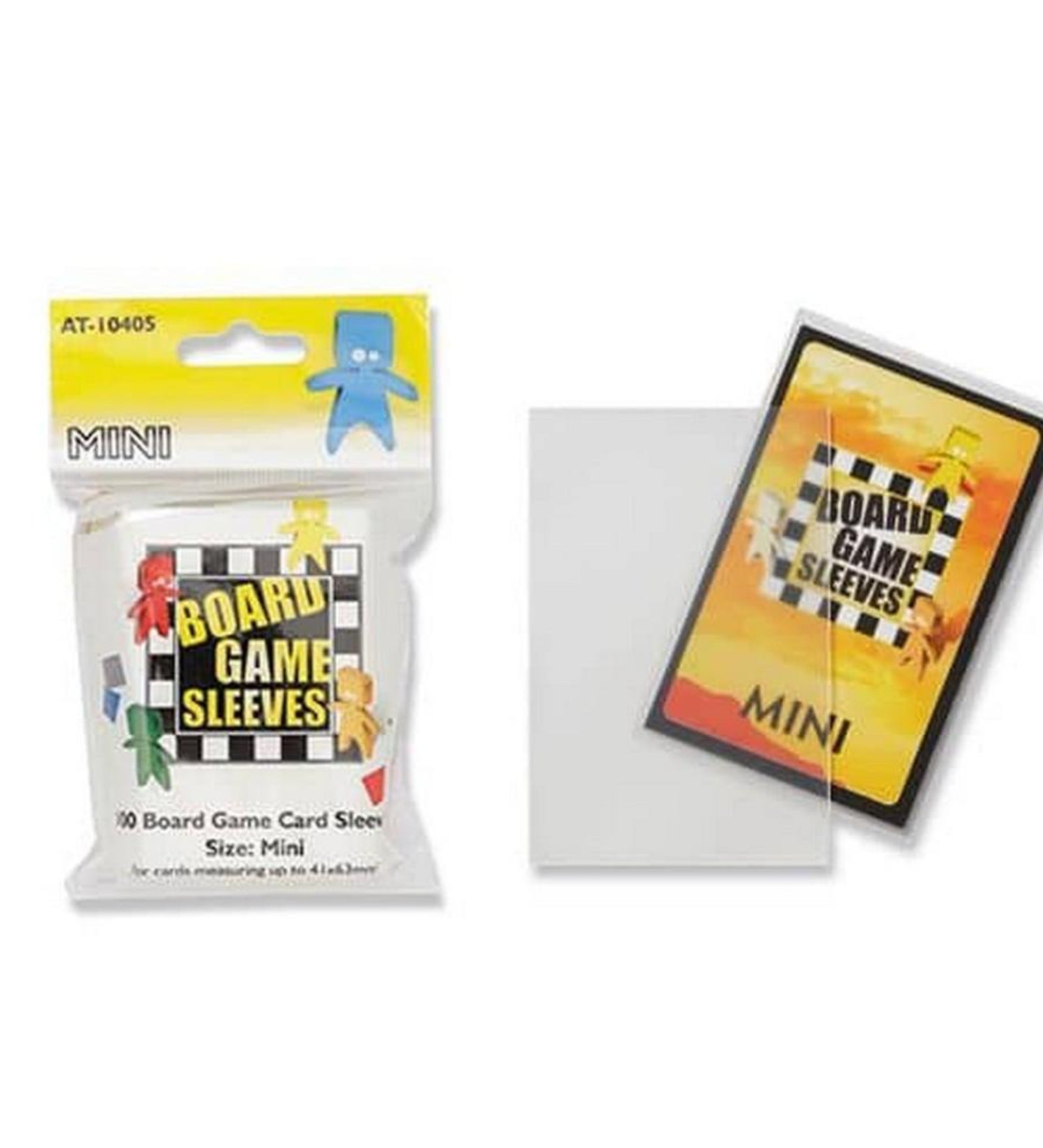 Board Game Sleeves MINI (AT-10405) csomag és minta használat közben – 41x63 mm-es mini kártya védőtokba helyezve, átlátszó, 100 darabos kiszerelés.