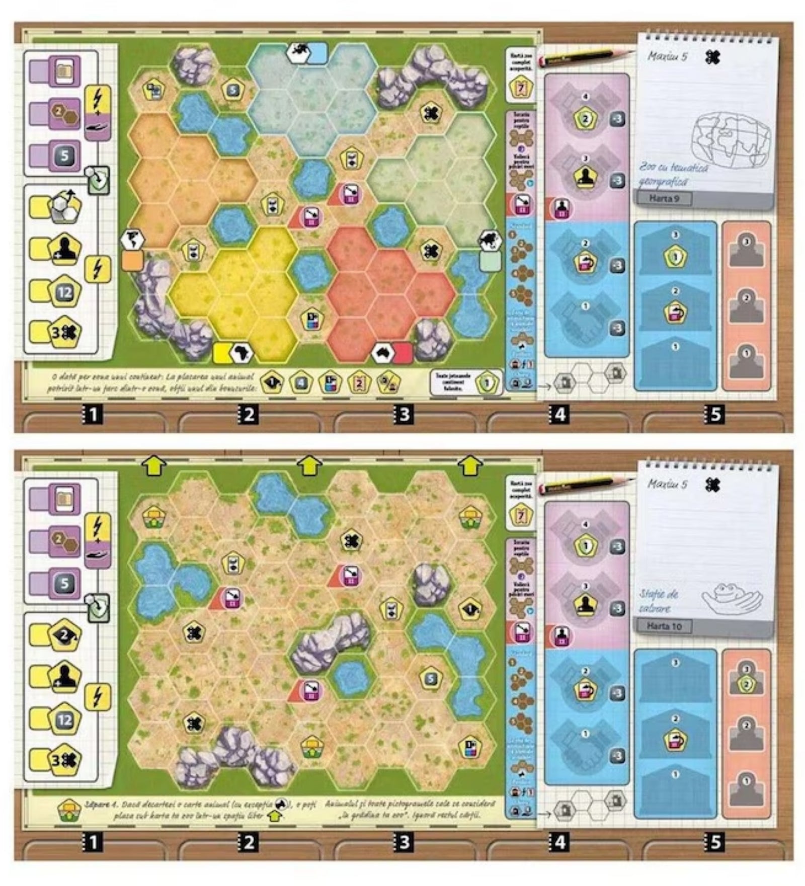 Ark Nova: Zoo Map Pack 1 kiegészítő – Részletes játéktábla színes hatszögmezőkkel, ikonokkal és akciósávval.