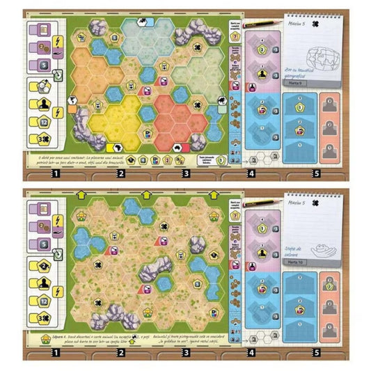 Ark Nova: Zoo Map Pack 1 kiegészítő – Részletes játéktábla színes hatszögmezőkkel, ikonokkal és akciósávval.