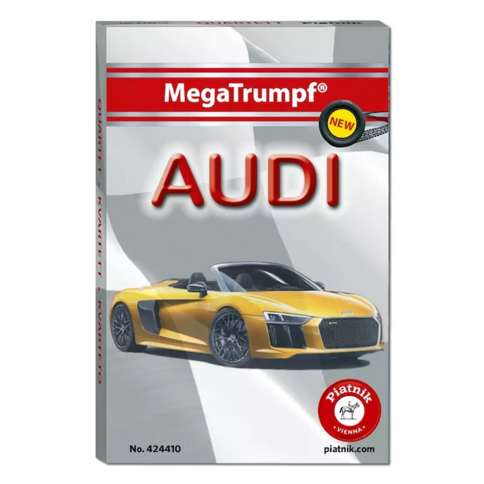A képen a MegaTrumpf „Audi” kvartettkártyajáték csomagolása látható. A doboz elején egy látványos, sárga Audi sportautó szerepel, nyitott tetővel, dinamikus szögből fotózva. A piros betűkkel kiemelt „AUDI” felirat és a „NEW” címke is arra utal, hogy egy különleges, márkafókuszú kiadásról van szó. A Piatnik logó a borítón igazolja az osztrák gyártó minőségét.