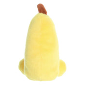 Banán plüss játék hátulról, egyszínű sárga, bolyhos felülettel és lekerekített formával, puha tapintású kivitelben