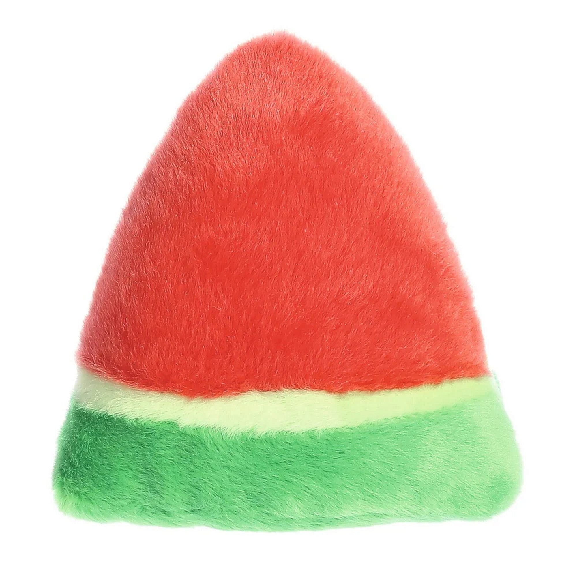 Görögdinnye plüss játék hátulról, piros felső résszel és zöld alsó réteggel, bolyhos felülettel és lekerekített formával