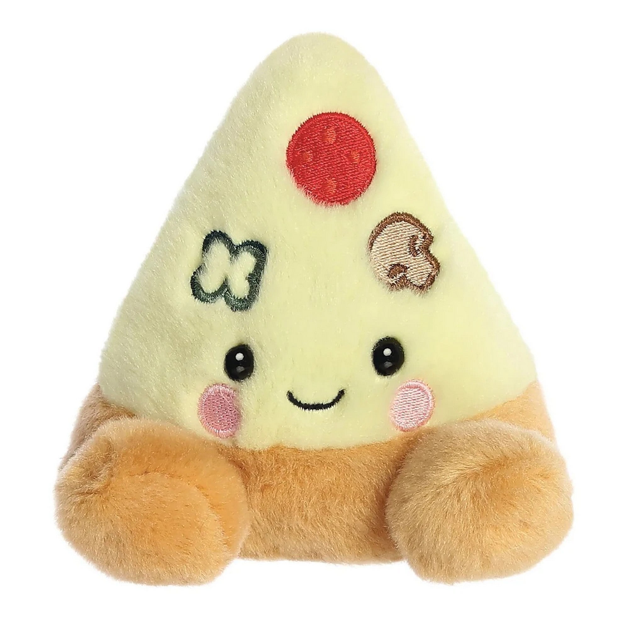 Pizza szelet plüss játék elölnézetben, vidám arckifejezéssel, hímzett feltétekkel és puha, ölelhető kivitelben