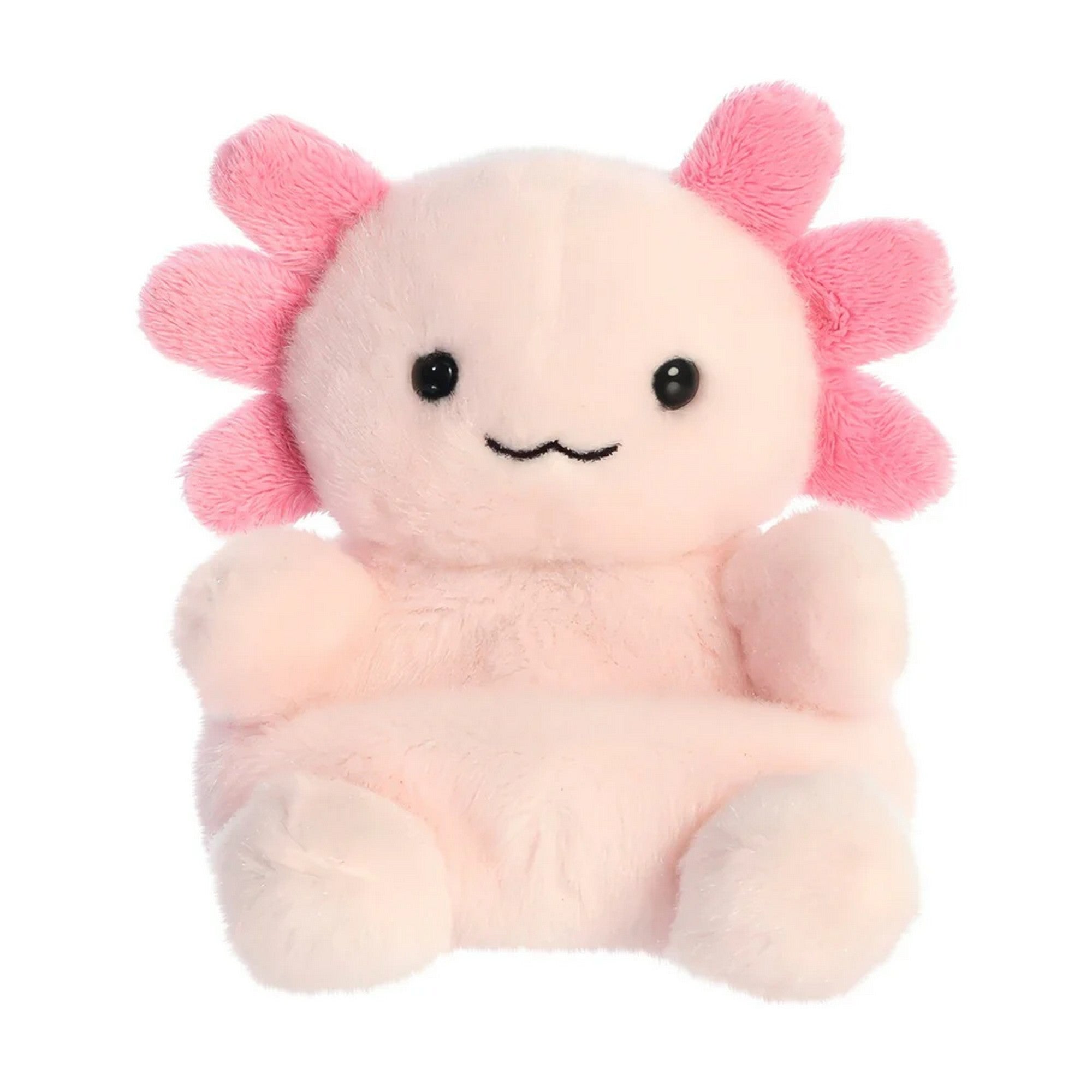 Rózsaszín axolotl plüss játék elölnézetben, vidám arccal, puha bundával és barátságos, gyerekbarát kialakítással